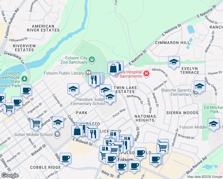 map of restaurants, bars, coffee shops, grocery stores, and more near 63 Natoma Street in Folsom