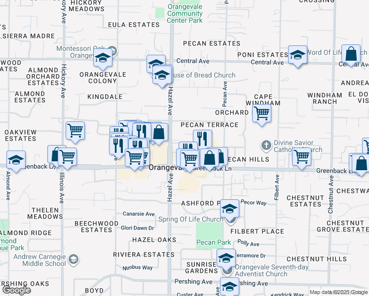 map of restaurants, bars, coffee shops, grocery stores, and more near 8934 Woodward Way in Orangevale