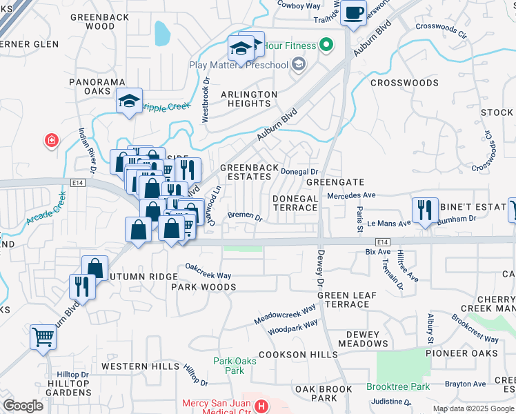 map of restaurants, bars, coffee shops, grocery stores, and more near 6248 Longford Drive in Citrus Heights