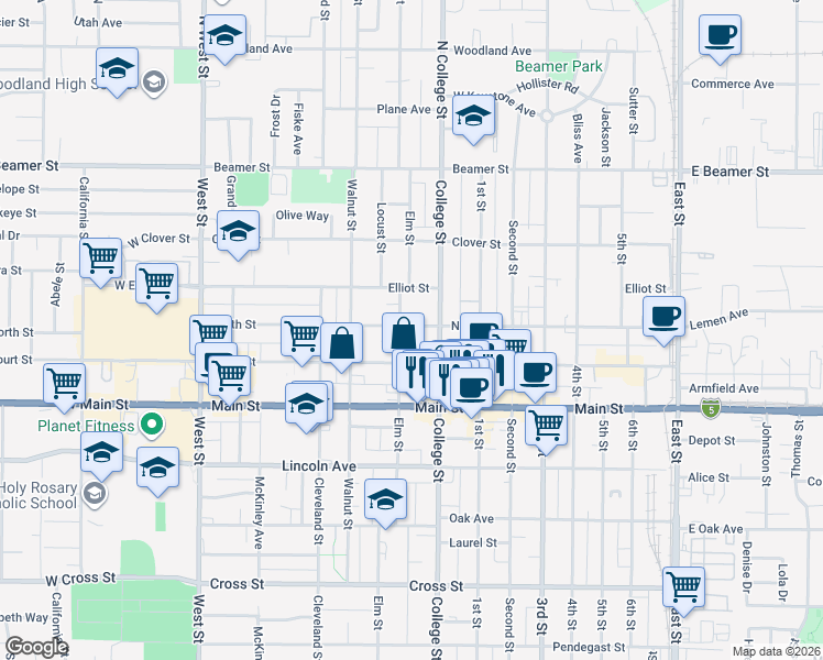 map of restaurants, bars, coffee shops, grocery stores, and more near 171 Elm Street in Woodland