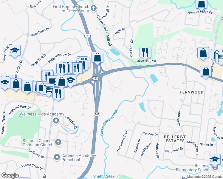 map of restaurants, bars, coffee shops, grocery stores, and more near 1137 Matador Drive in Saint Louis