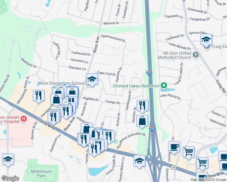 map of restaurants, bars, coffee shops, grocery stores, and more near 1235 Hyannis Drive in St. Louis