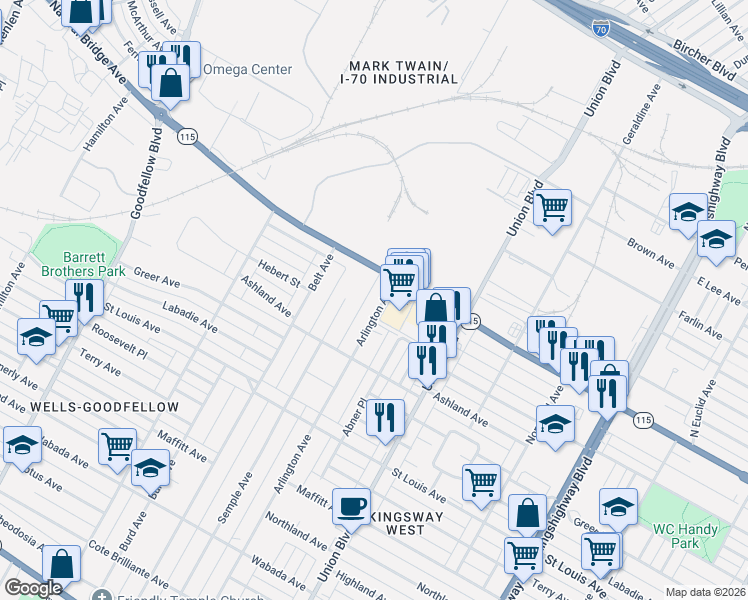 map of restaurants, bars, coffee shops, grocery stores, and more near 5434 Natural Bridge Avenue in St. Louis