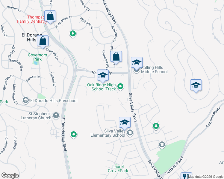 map of restaurants, bars, coffee shops, grocery stores, and more near 1120 Harvard Way in El Dorado Hills
