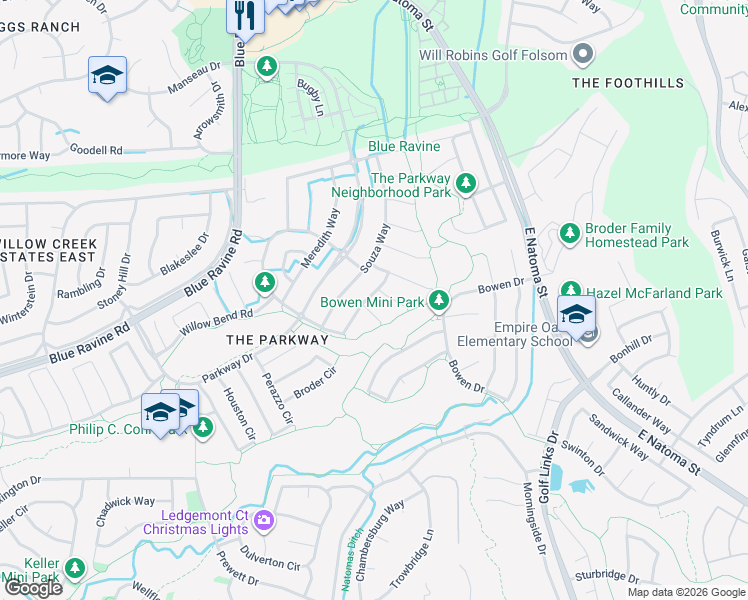 map of restaurants, bars, coffee shops, grocery stores, and more near 1149 Kidder Way in Folsom