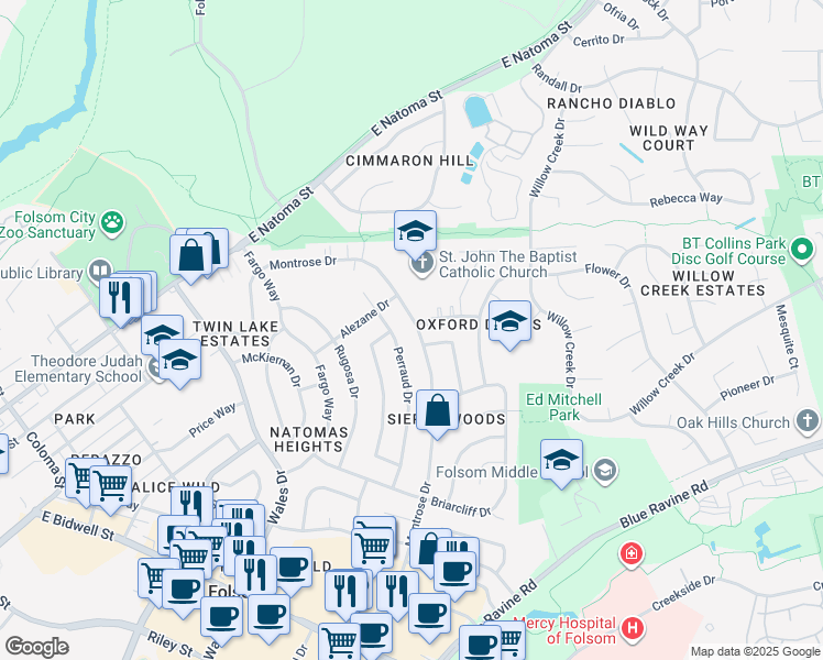map of restaurants, bars, coffee shops, grocery stores, and more near 272 Montrose Drive in Folsom