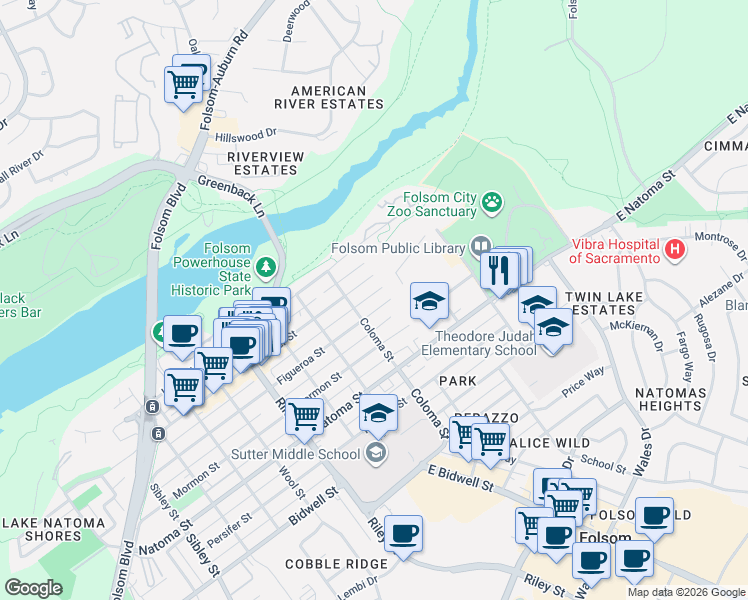 map of restaurants, bars, coffee shops, grocery stores, and more near 305 Sutter Street in Folsom