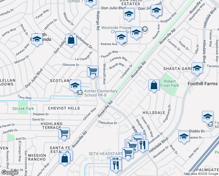 map of restaurants, bars, coffee shops, grocery stores, and more near 4408 Hardwick Way in North Highlands