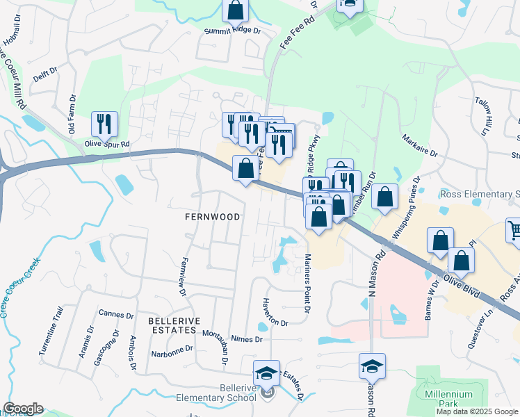 map of restaurants, bars, coffee shops, grocery stores, and more near 1131 Rue La Chelle Walk in Creve Coeur