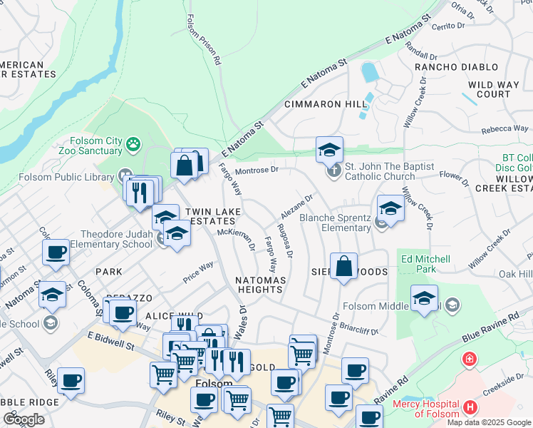 map of restaurants, bars, coffee shops, grocery stores, and more near 204 Rugosa Drive in Folsom