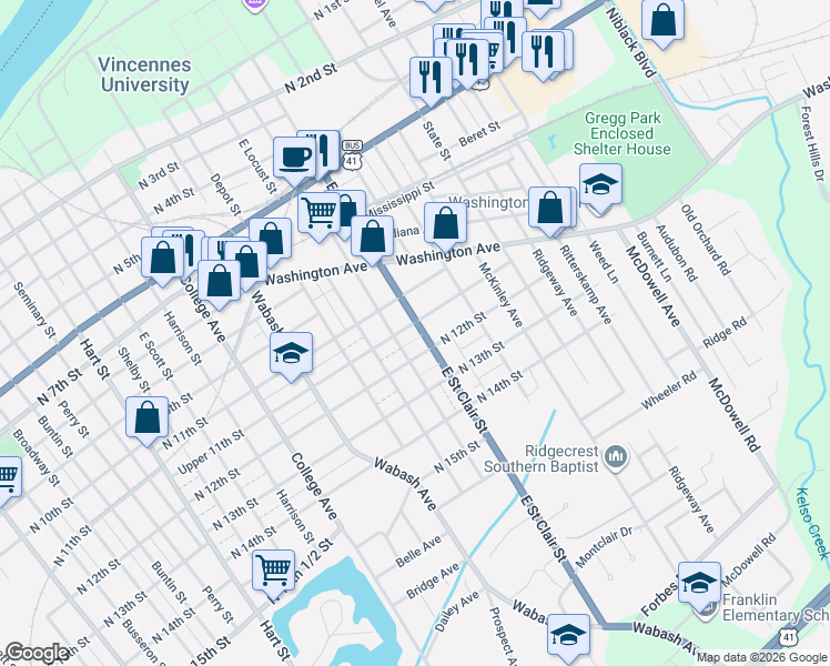 map of restaurants, bars, coffee shops, grocery stores, and more near 1115 East Saint Clair Street in Vincennes