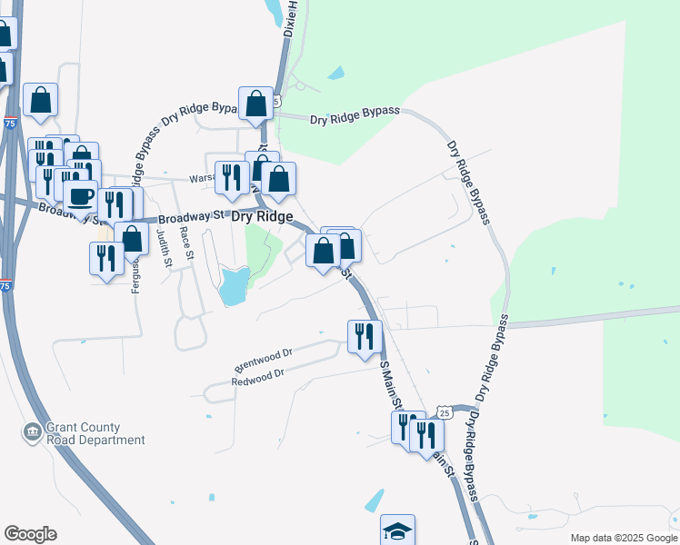 map of restaurants, bars, coffee shops, grocery stores, and more near 106 South Main Street in Dry Ridge