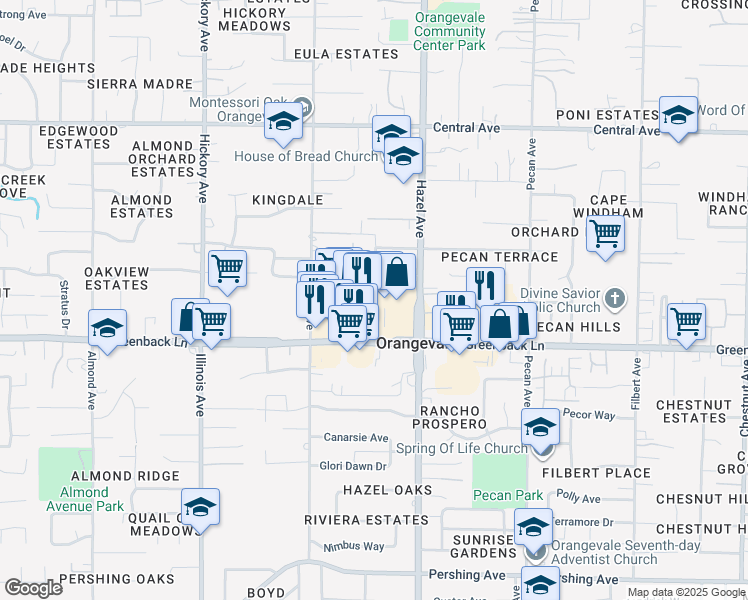 map of restaurants, bars, coffee shops, grocery stores, and more near 8870 Cerezo Drive in Orangevale