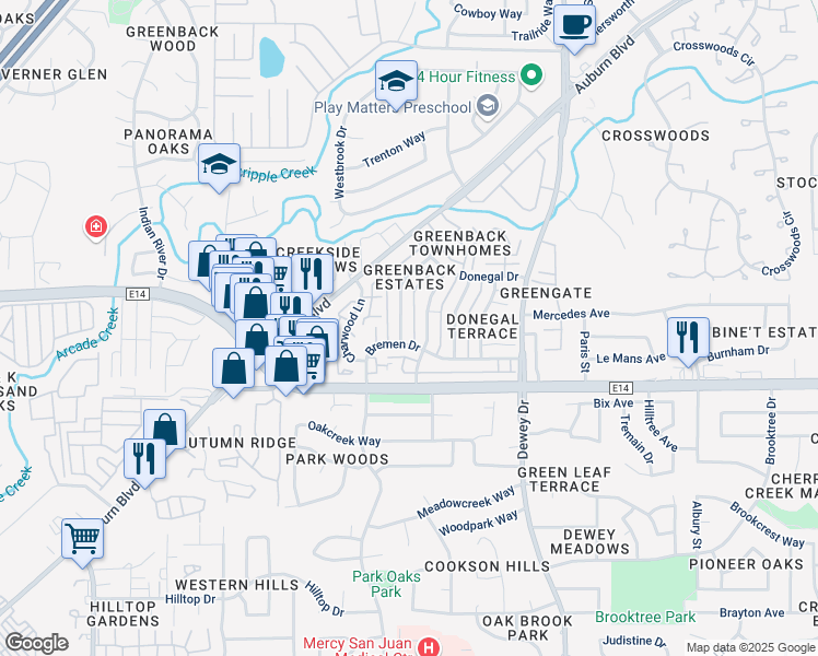 map of restaurants, bars, coffee shops, grocery stores, and more near 6245 Cavan Drive in Citrus Heights