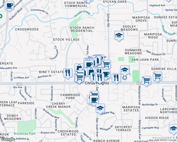 map of restaurants, bars, coffee shops, grocery stores, and more near 7301 Greenback Lane in Citrus Heights