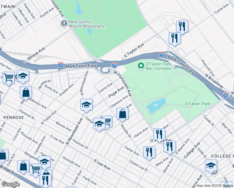 map of restaurants, bars, coffee shops, grocery stores, and more near 4651 Pope Avenue in St. Louis