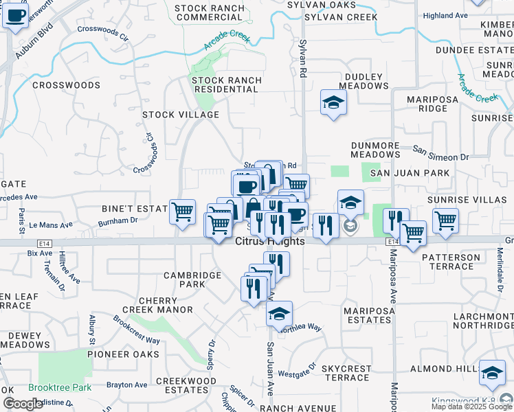map of restaurants, bars, coffee shops, grocery stores, and more near 7313 Greenback Lane in Citrus Heights