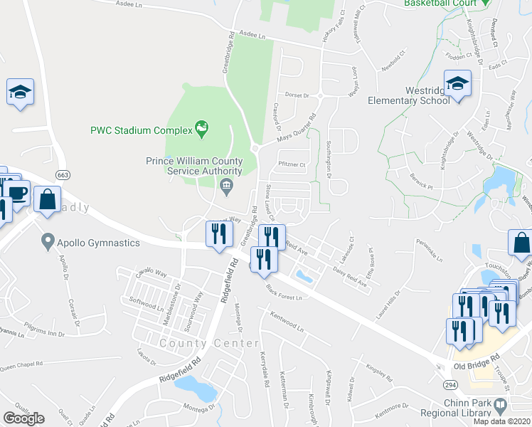 map of restaurants, bars, coffee shops, grocery stores, and more near 12741 Stone Lined Circle in Woodbridge