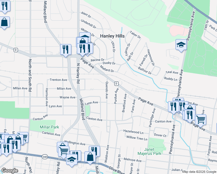 map of restaurants, bars, coffee shops, grocery stores, and more near 7722 Page Avenue in St. Louis
