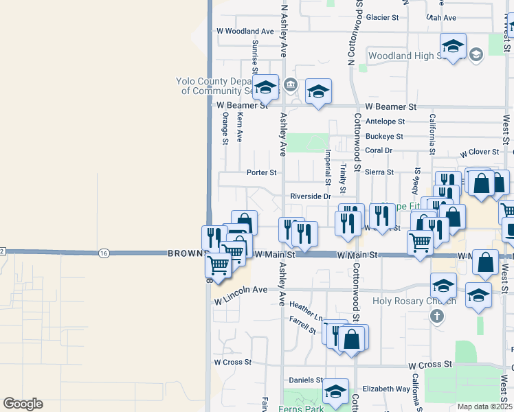 map of restaurants, bars, coffee shops, grocery stores, and more near 255 Sonoma Way in Woodland