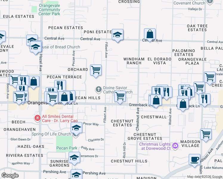 map of restaurants, bars, coffee shops, grocery stores, and more near 6300 Filbert Avenue in Orangevale