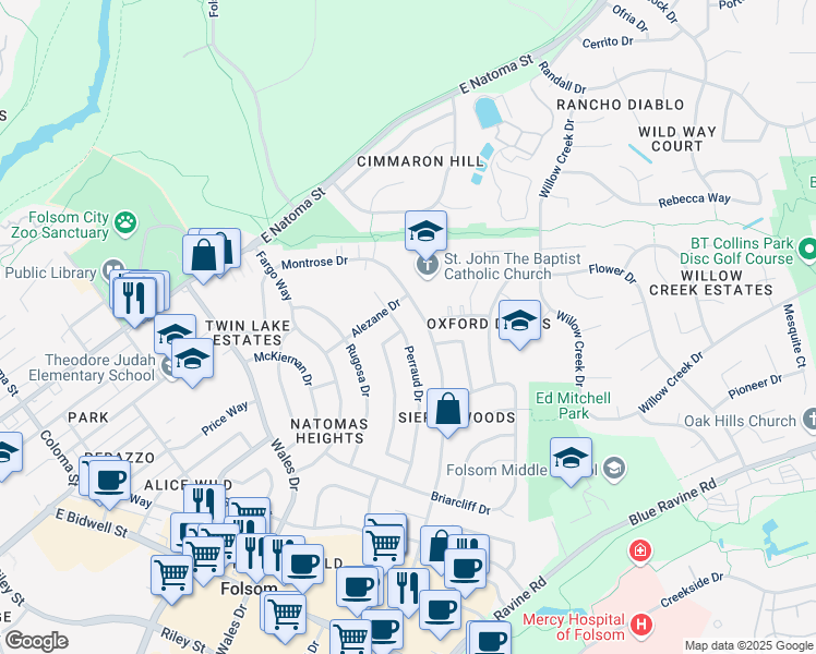 map of restaurants, bars, coffee shops, grocery stores, and more near 145 Perraud Drive in Folsom