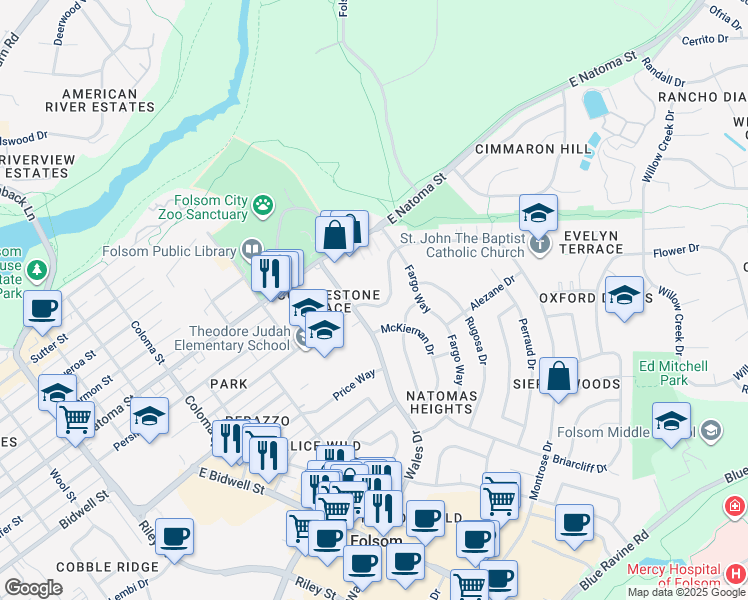 map of restaurants, bars, coffee shops, grocery stores, and more near in Folsom