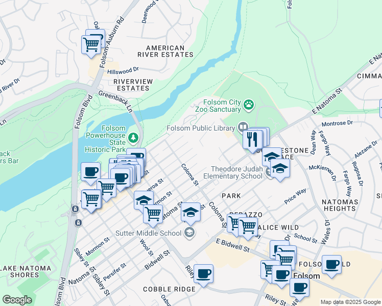 map of restaurants, bars, coffee shops, grocery stores, and more near 305 Sutter Street in Folsom