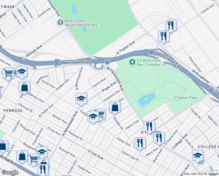 map of restaurants, bars, coffee shops, grocery stores, and more near 4651 Pope Avenue in St. Louis