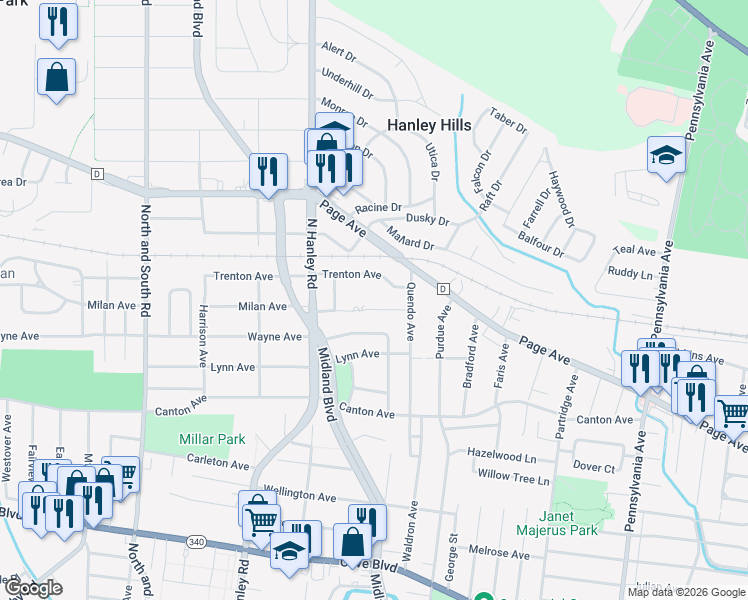 map of restaurants, bars, coffee shops, grocery stores, and more near 7316 Trenton Avenue in University City