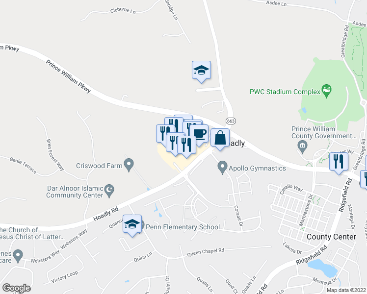 map of restaurants, bars, coffee shops, grocery stores, and more near 12601 Galveston Court in Manassas