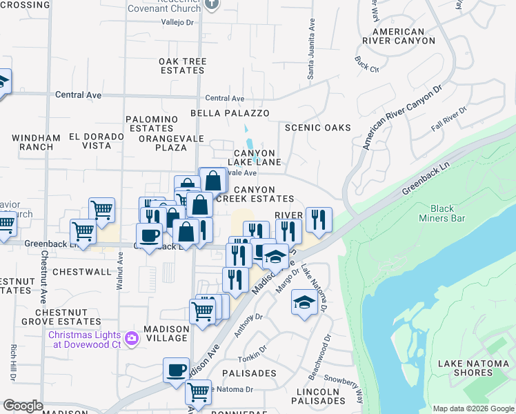 map of restaurants, bars, coffee shops, grocery stores, and more near 100 Raeanne Lane in Folsom