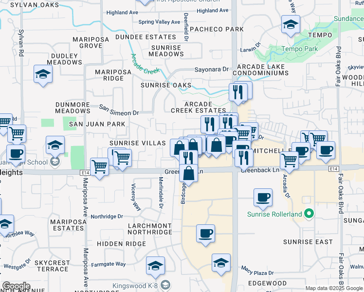 map of restaurants, bars, coffee shops, grocery stores, and more near 7791 Chancery Court in Citrus Heights