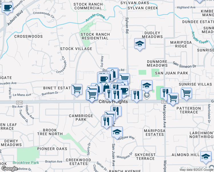 map of restaurants, bars, coffee shops, grocery stores, and more near 7313 Greenback Lane in Citrus Heights