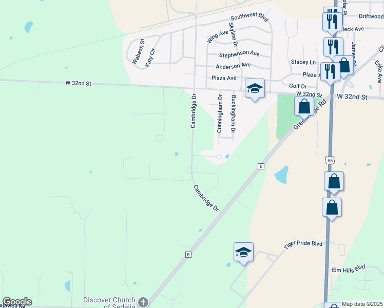 map of restaurants, bars, coffee shops, grocery stores, and more near Cambridge Drive in Sedalia