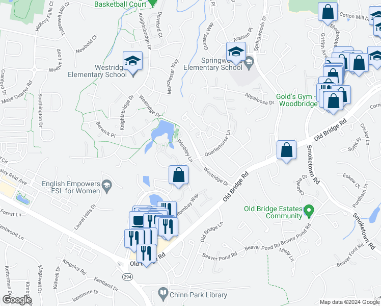 map of restaurants, bars, coffee shops, grocery stores, and more near 12689 Wimbley Lane in Woodbridge