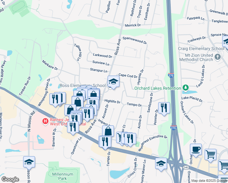 map of restaurants, bars, coffee shops, grocery stores, and more near 1150 Ross Avenue in St. Louis