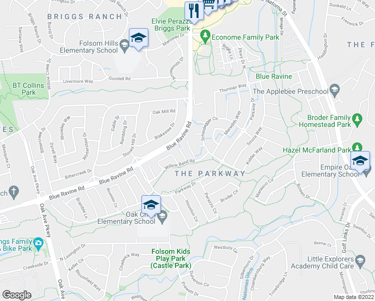 map of restaurants, bars, coffee shops, grocery stores, and more near 1165 Grey Fox Court in Folsom