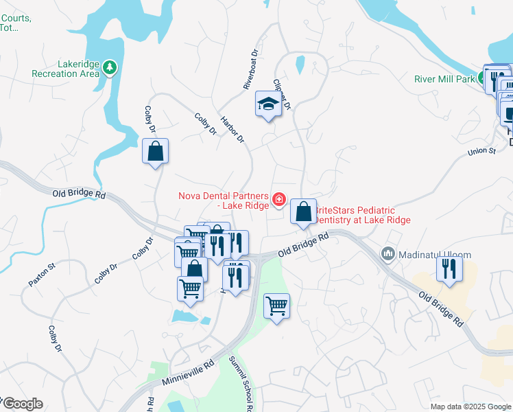map of restaurants, bars, coffee shops, grocery stores, and more near 12621 Leeway Court in Woodbridge