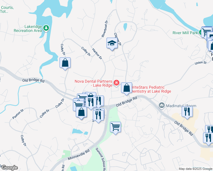 map of restaurants, bars, coffee shops, grocery stores, and more near 12621 Leeway Court in Woodbridge