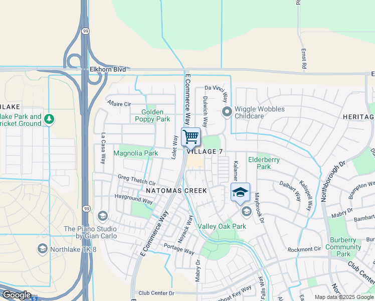 map of restaurants, bars, coffee shops, grocery stores, and more near East Commerce Way & Macon Drive in Sacramento