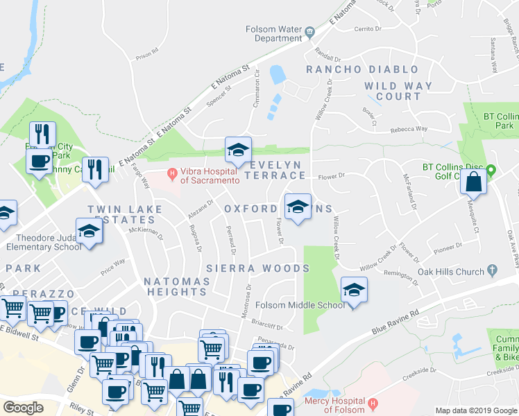 map of restaurants, bars, coffee shops, grocery stores, and more near 205 Talisman Drive in Folsom