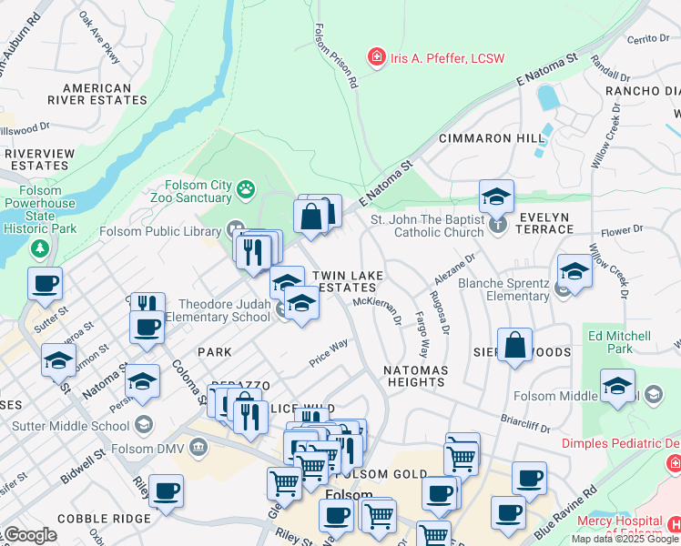 map of restaurants, bars, coffee shops, grocery stores, and more near in Folsom