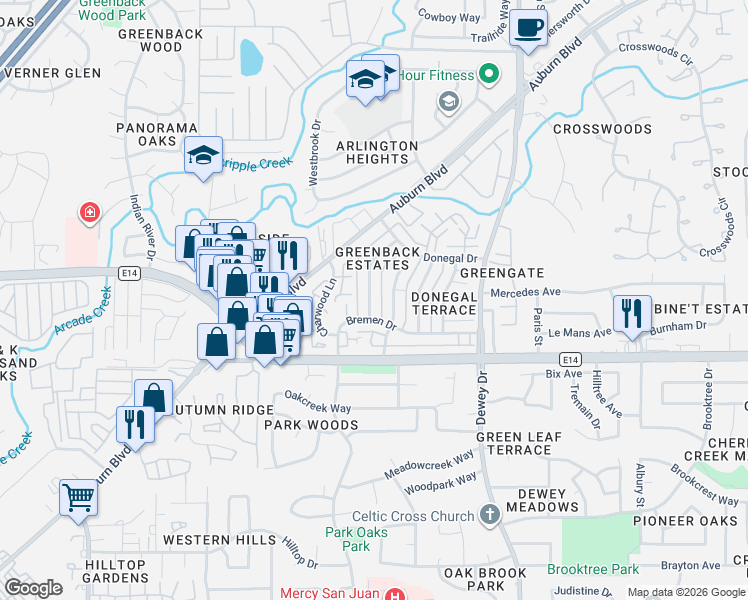 map of restaurants, bars, coffee shops, grocery stores, and more near 6245 Cavan Drive in Citrus Heights