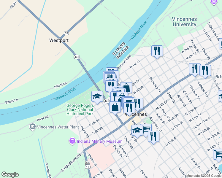map of restaurants, bars, coffee shops, grocery stores, and more near 118 Main St in Vincennes