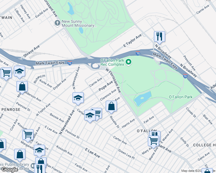 map of restaurants, bars, coffee shops, grocery stores, and more near 4651 Pope Avenue in St. Louis