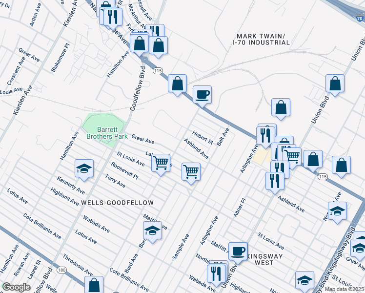 map of restaurants, bars, coffee shops, grocery stores, and more near 3323 Clara Avenue in St. Louis