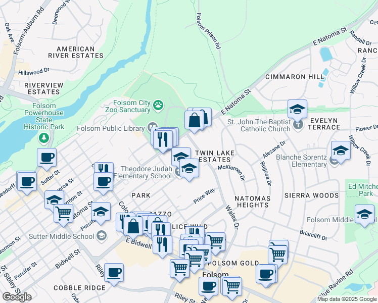 map of restaurants, bars, coffee shops, grocery stores, and more near 240 Wales Drive in Folsom