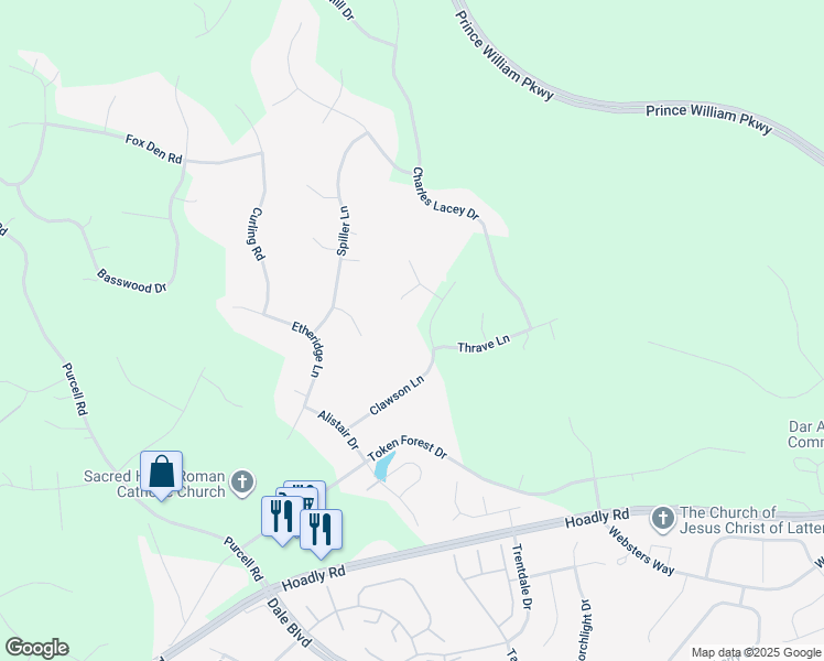 map of restaurants, bars, coffee shops, grocery stores, and more near 12620 Clawson Lane in Manassas