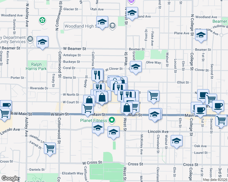 map of restaurants, bars, coffee shops, grocery stores, and more near 33 West Elliot Street in Woodland
